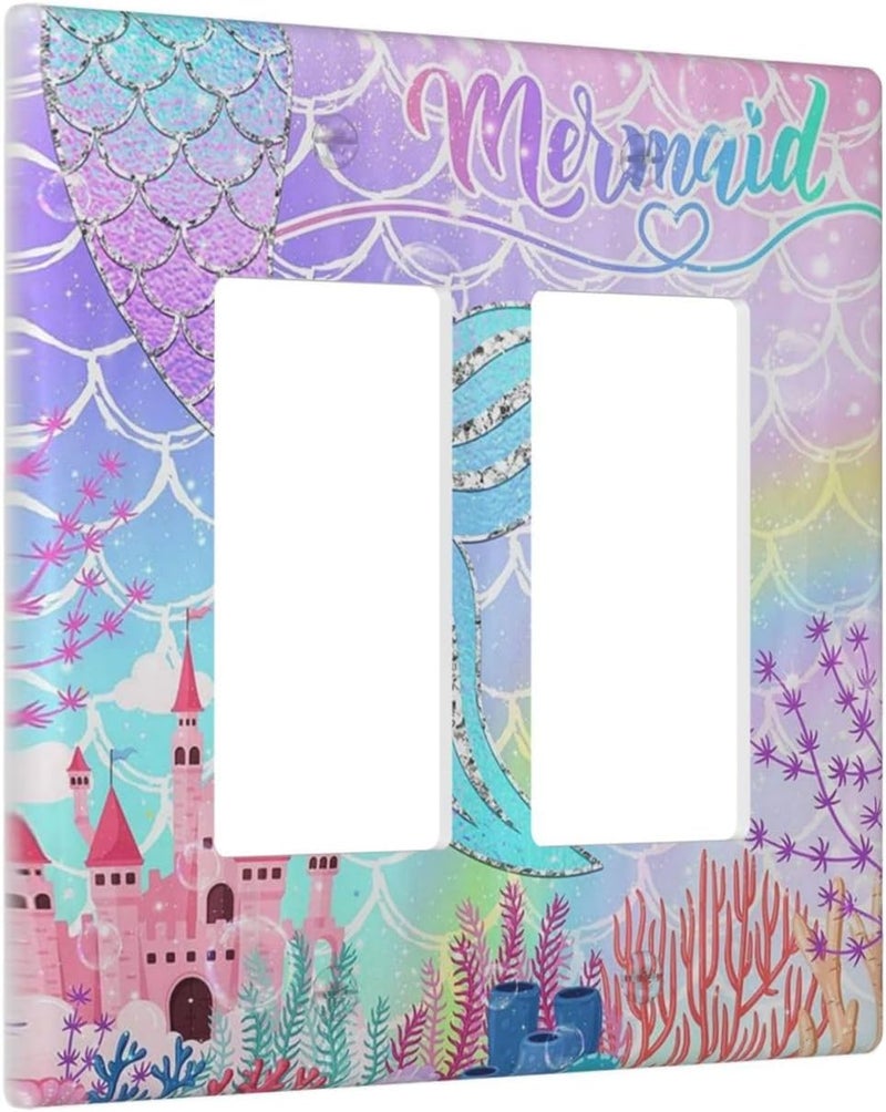 Sghxwp Silvery Glitter Cute Mermaid Tail Fantasy Castle 2 Gang Rocker Decora Light Switch Covers Dual Outlet Covers Wall Plate Decorative Switchplate Electrical Faceplate GFCI for Kidroom Nursery Bedroom - Image 2